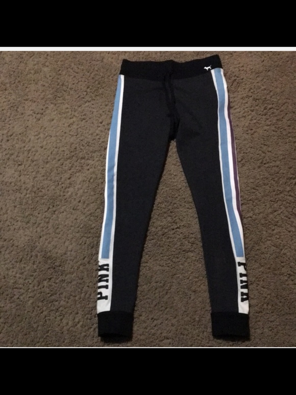 PINK Victoria's Secret Black Leggings with Blue & White Side Stripes Yoga